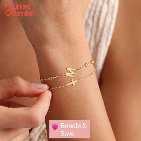 Gold Plated Initial Cross Bracelet Set Adjustable 8.5 Inches - Picture 5 of 8